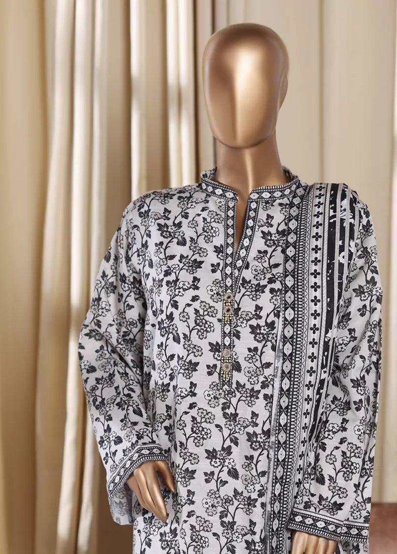 3 Piece Printed Black & White Khaddar Shirt with Trouser & Dupatta