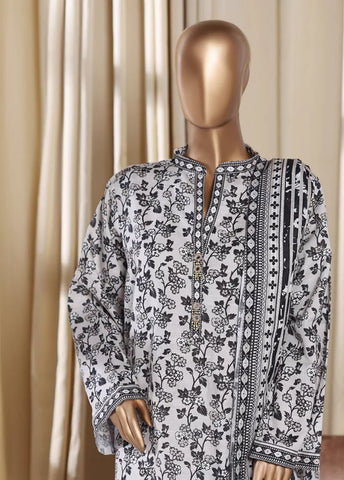 3 Piece Printed Black & White Khaddar Shirt with Trouser & Dupatta