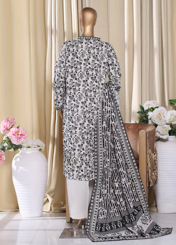 3 Piece Printed Black & White Khaddar Shirt with Trouser & Dupatta