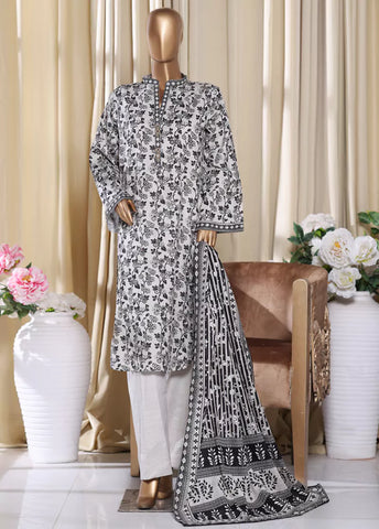 3 Piece Printed Black & White Khaddar Shirt with Trouser & Dupatta