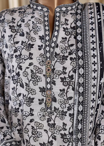 3 Piece Printed Black & White Khaddar Shirt with Trouser & Dupatta