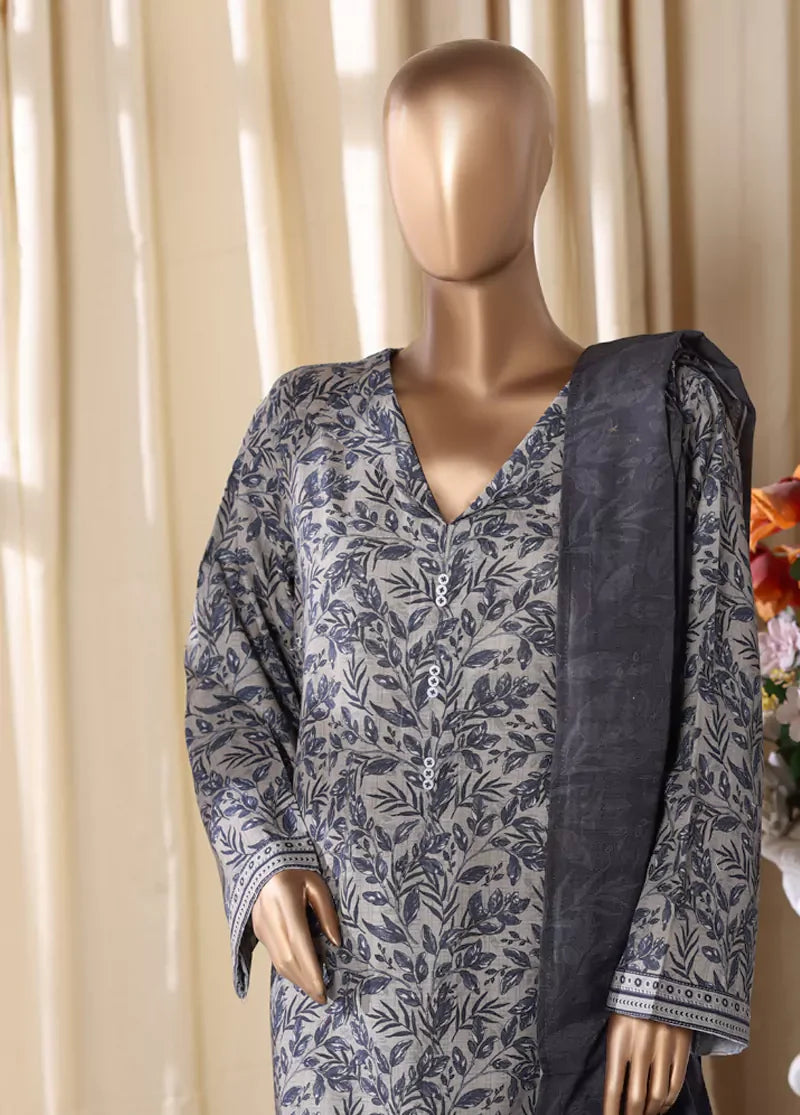 3 Piece Printed Grey Khaddar Shirt with Trouser & Dupatta