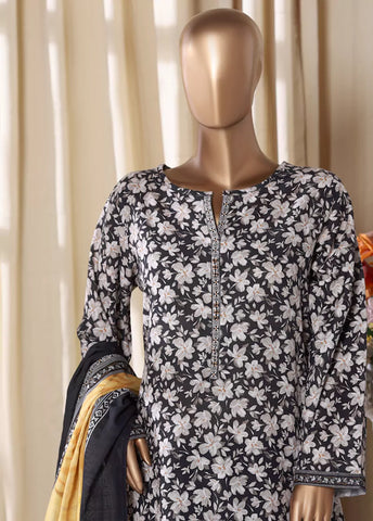 3 Piece Printed White & Black Khaddar Shirt with Trouser & Dupatta