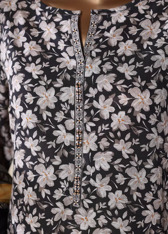 3 Piece Printed White & Black Khaddar Shirt with Trouser & Dupatta