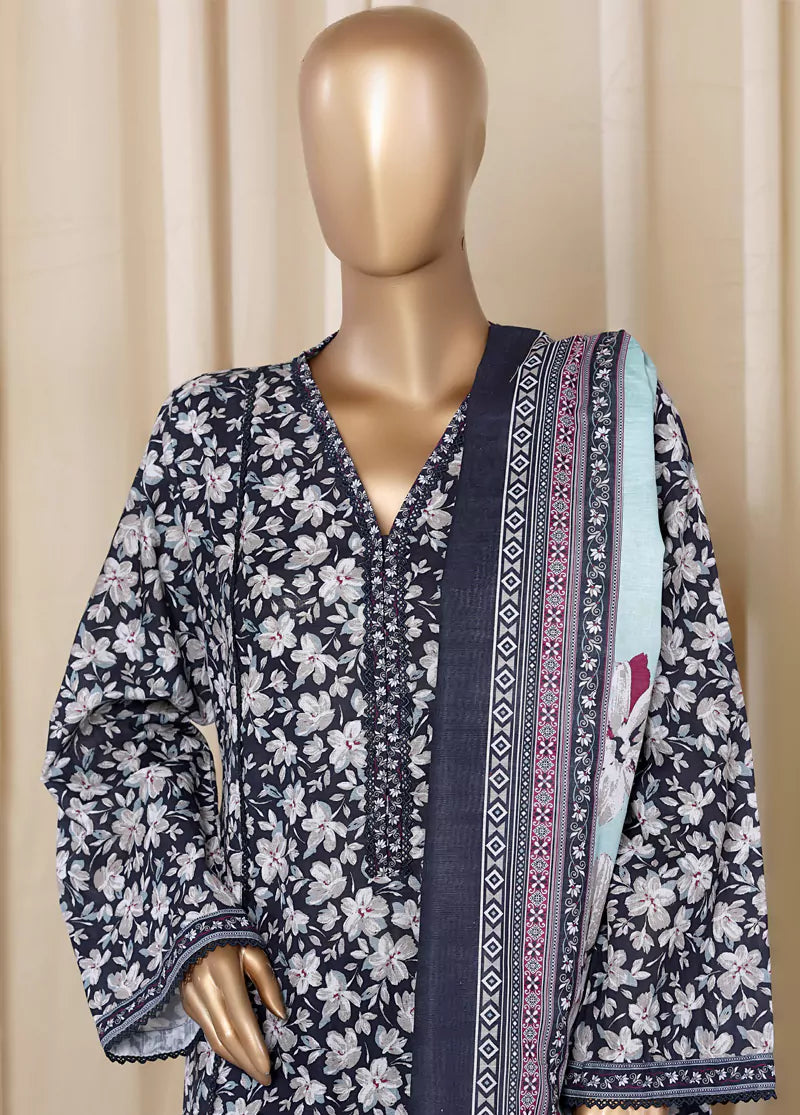 3 Piece Printed MultiColor Khaddar Frock with Trouser & Dupatta