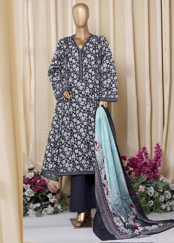 3 Piece Printed MultiColor Khaddar Frock with Trouser & Dupatta