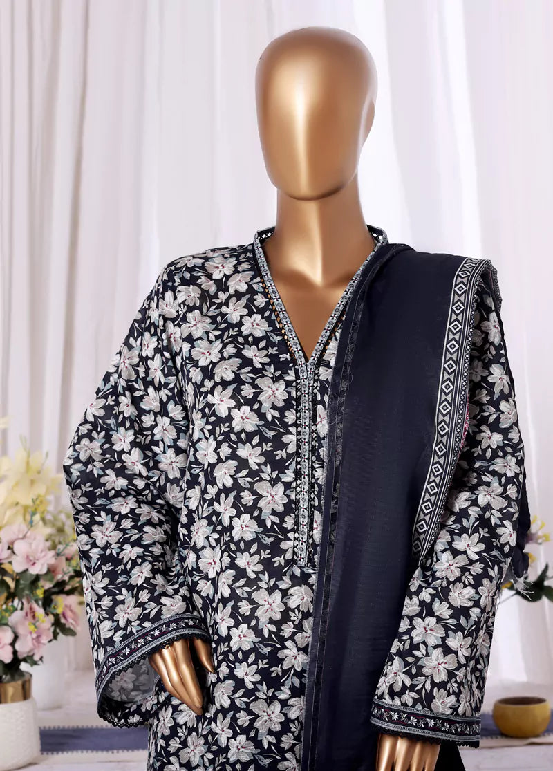 3 Piece Printed Navy Blue & White Khaddar Shirt with Trouser & Dupatta