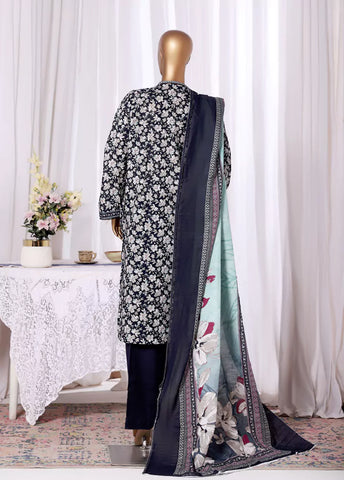 3 Piece Printed Navy Blue & White Khaddar Shirt with Trouser & Dupatta
