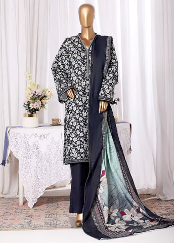 3 Piece Printed Navy Blue & White Khaddar Shirt with Trouser & Dupatta