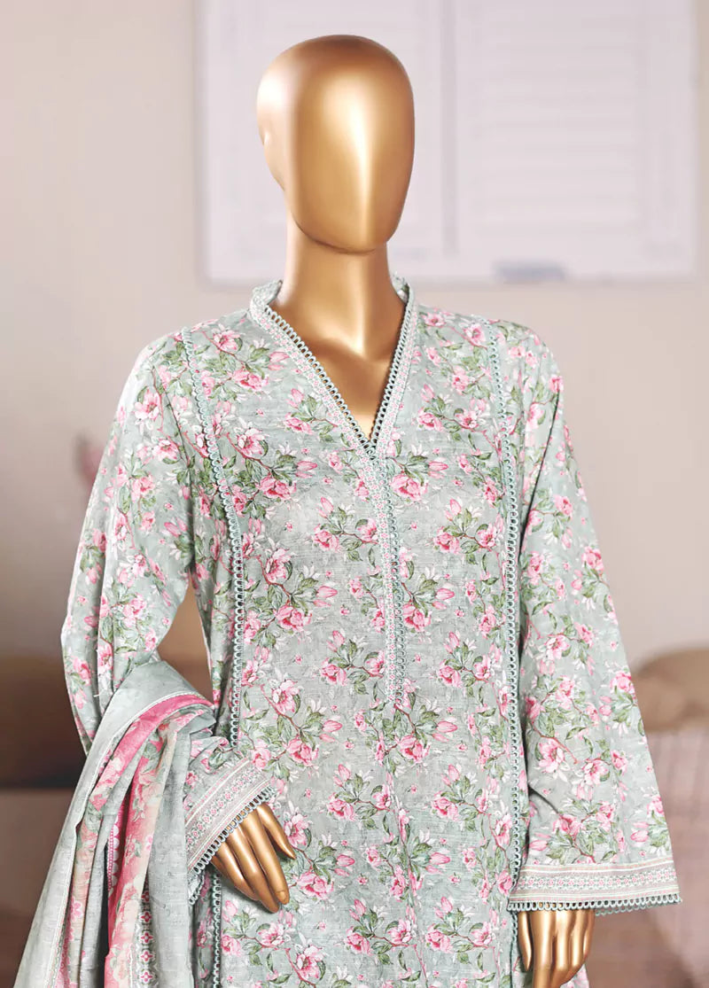 3 Piece Printed MultiColor Khaddar Frock with Trouser & Dupatta