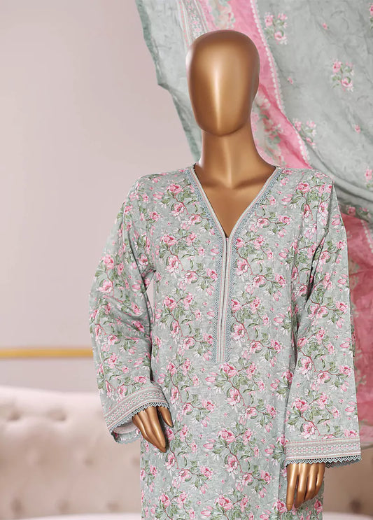 3 Piece Printed Mint Green Khaddar Shirt with Trouser & Dupatta