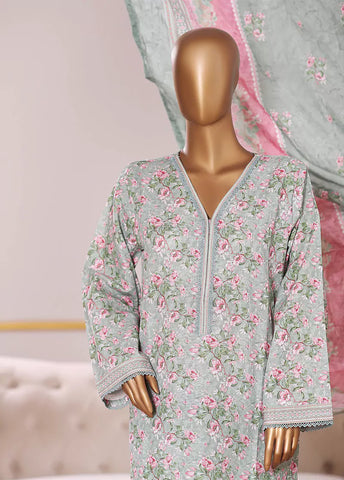 3 Piece Printed Mint Green Khaddar Shirt with Trouser & Dupatta