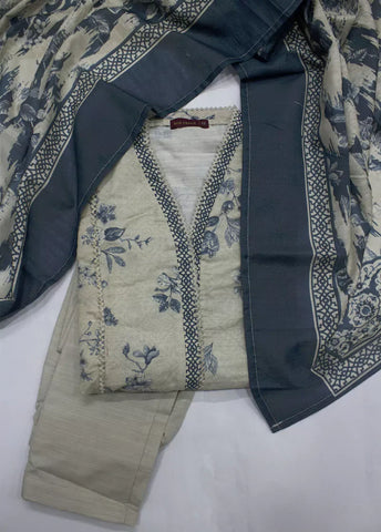 3 Piece Printed Off White Khaddar Frock with Trouser & Dupatta