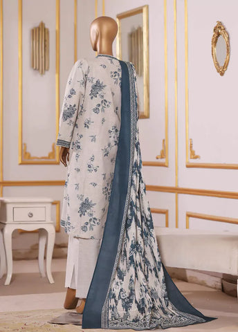 3 Piece Printed Off White Khaddar Shirt with Trouser & Dupatta