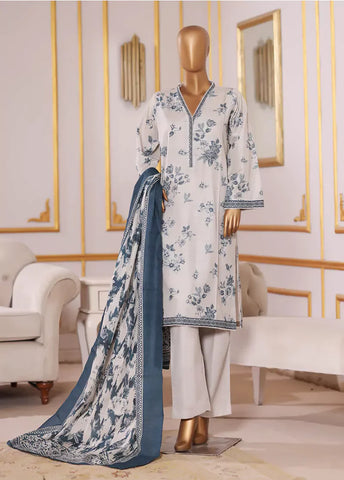 3 Piece Printed Off White Khaddar Shirt with Trouser & Dupatta