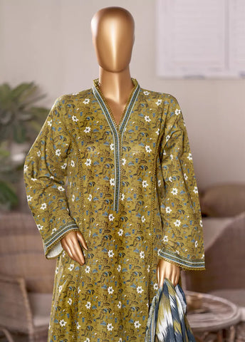 3 Piece Printed Citrine Yellow Khaddar Frock with Trouser & Dupatta