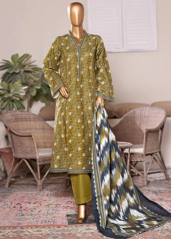 3 Piece Printed Citrine Yellow Khaddar Frock with Trouser & Dupatta