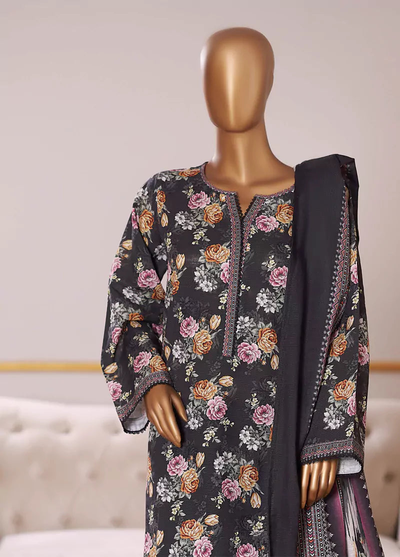 3 Piece Printed Black Khaddar Shirt with Trouser & Dupatta