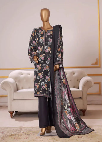 3 Piece Printed Black Khaddar Shirt with Trouser & Dupatta
