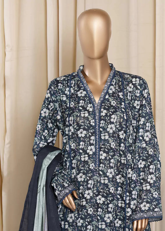 3 Piece Printed Navy Blue Khaddar Frock with Trouser & Dupatta