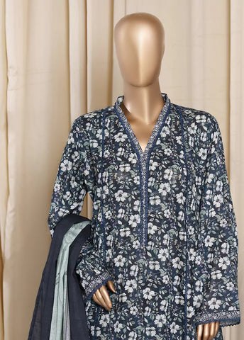 3 Piece Printed Navy Blue Khaddar Frock with Trouser & Dupatta