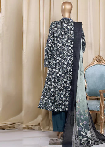 3 Piece Printed Navy Blue Khaddar Frock with Trouser & Dupatta