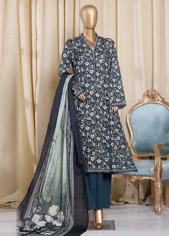3 Piece Printed Navy Blue Khaddar Frock with Trouser & Dupatta
