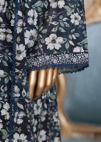 3 Piece Printed Navy Blue Khaddar Frock with Trouser & Dupatta