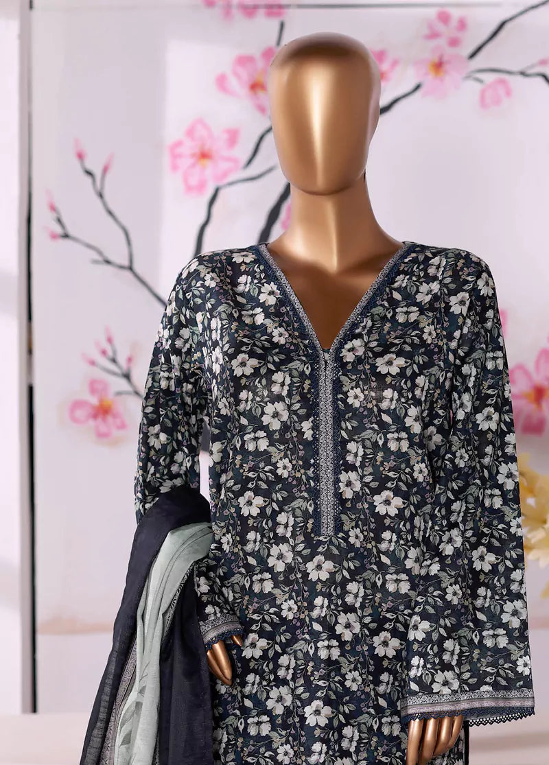 3 Piece Printed Teal Khaddar Shirt with Trouser & Dupatta