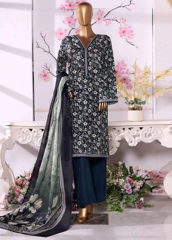 3 Piece Printed Teal Khaddar Shirt with Trouser & Dupatta