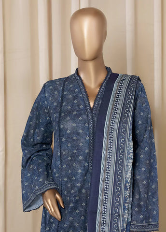 3 Piece Printed Navy Blue Khaddar Frock with Trouser & Dupatta