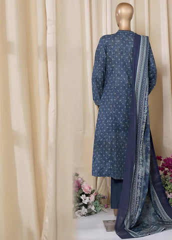 3 Piece Printed Navy Blue Khaddar Frock with Trouser & Dupatta