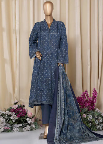 3 Piece Printed Navy Blue Khaddar Frock with Trouser & Dupatta