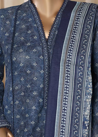 3 Piece Printed Navy Blue Khaddar Frock with Trouser & Dupatta