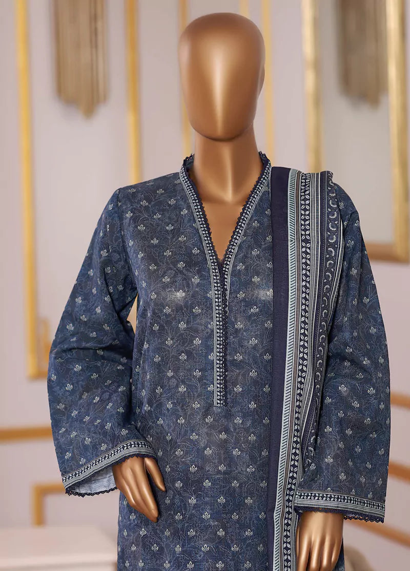 3 Piece Printed Spruce Blue Khaddar Shirt with Trouser & Dupatta
