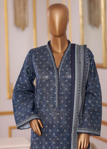 3 Piece Printed Spruce Blue Khaddar Shirt with Trouser & Dupatta