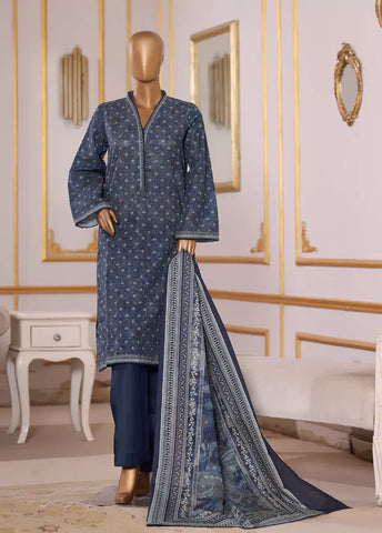 3 Piece Printed Spruce Blue Khaddar Shirt with Trouser & Dupatta