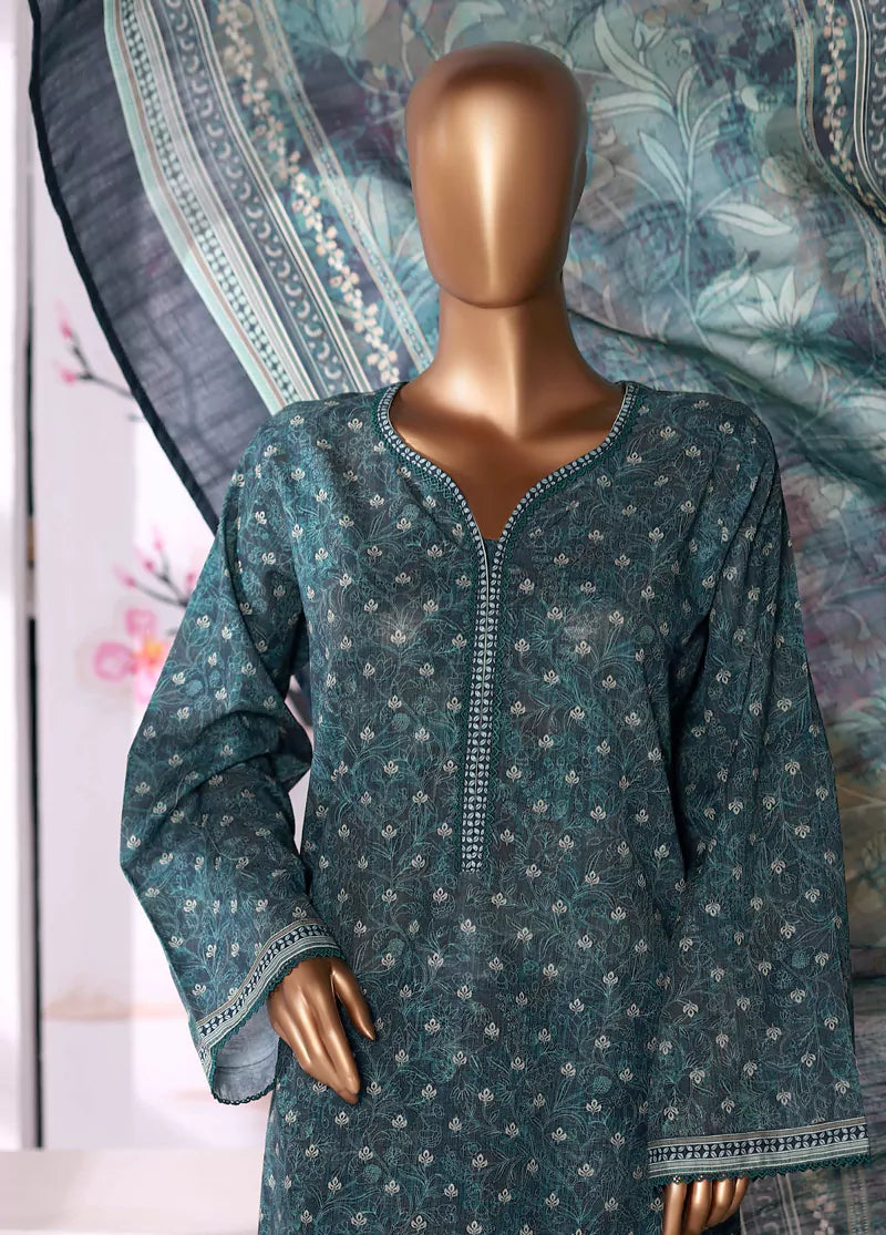 3 Piece Printed Teal Khaddar Shirt with Trouser & Dupatta