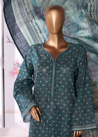 3 Piece Printed Teal Khaddar Shirt with Trouser & Dupatta