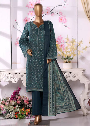 3 Piece Printed Teal Khaddar Shirt with Trouser & Dupatta
