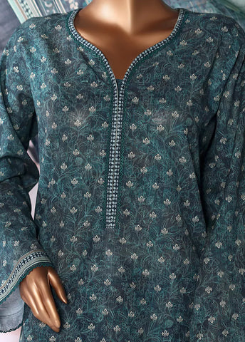 3 Piece Printed Teal Khaddar Shirt with Trouser & Dupatta