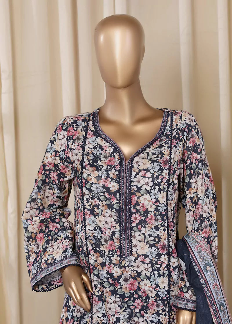 3 Piece Printed MultiColor Khaddar Frock with Trouser & Dupatta