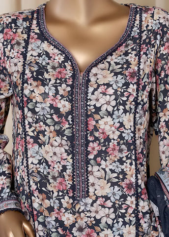 3 Piece Printed MultiColor Khaddar Frock with Trouser & Dupatta