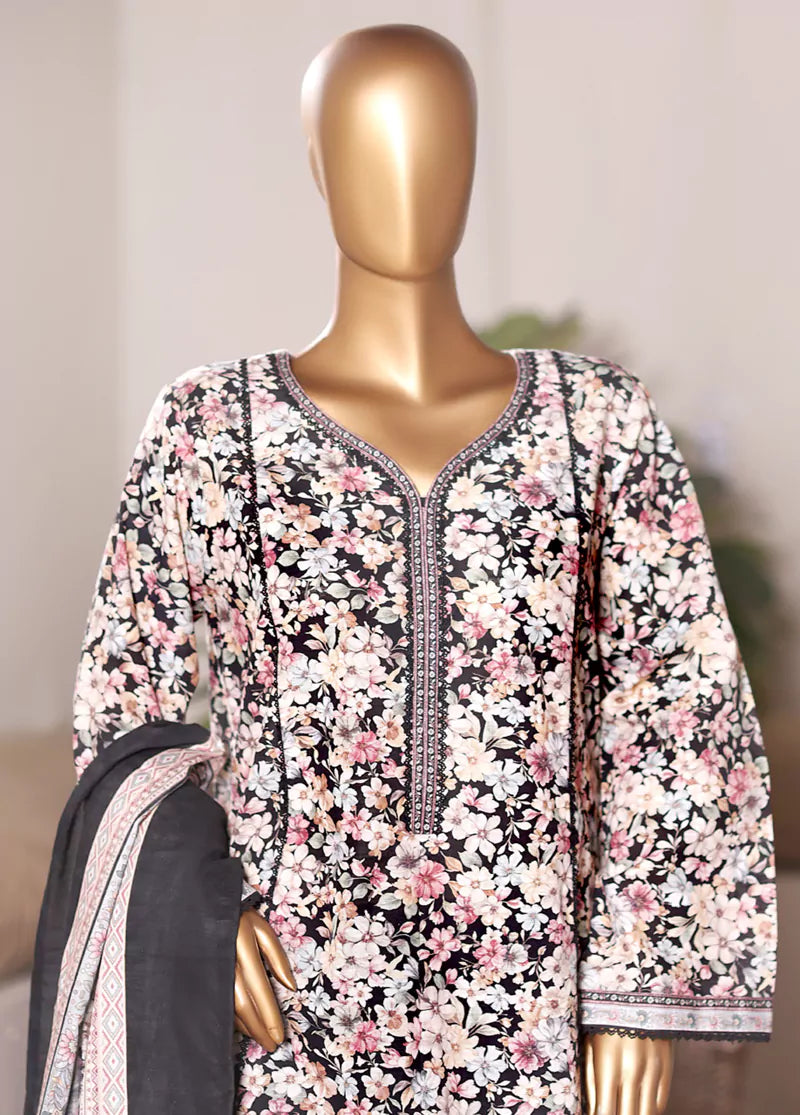 3 Piece Printed MultiColor Khaddar Frock with Trouser & Dupatta