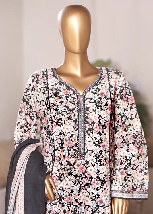 3 Piece Printed MultiColor Khaddar Frock with Trouser & Dupatta