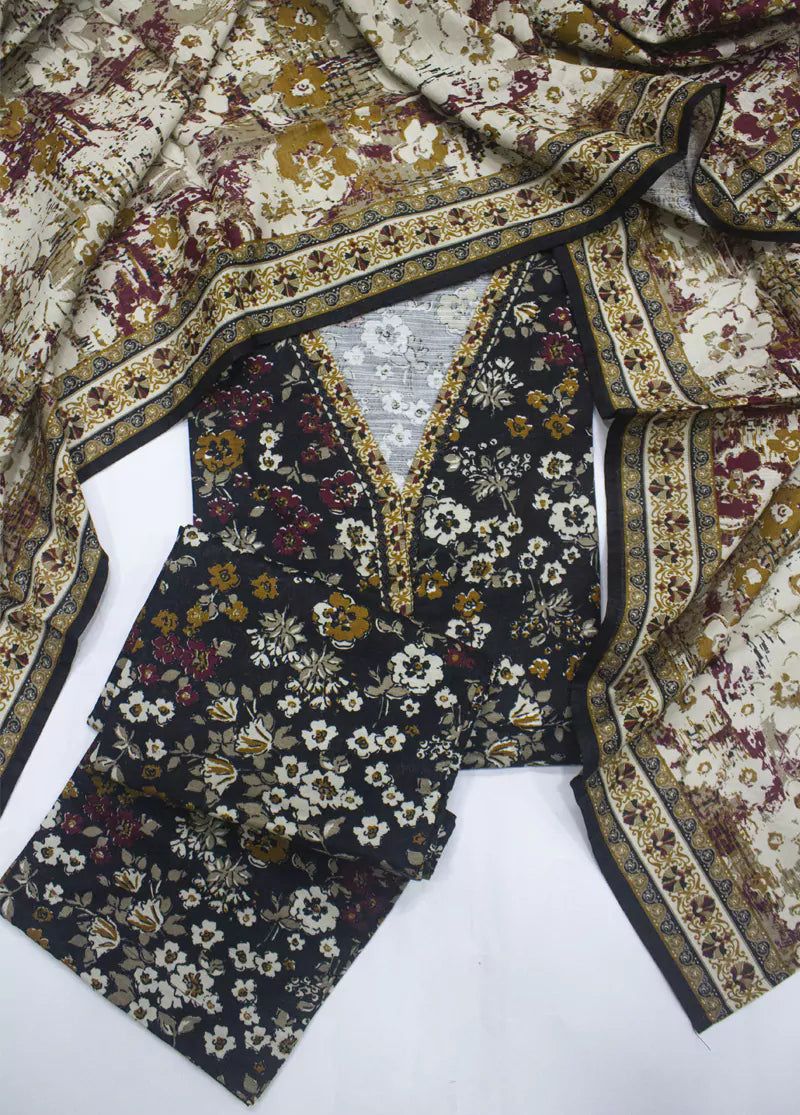 3 Piece Printed MultiColor Khaddar Shirt with Trouser & Dupatta