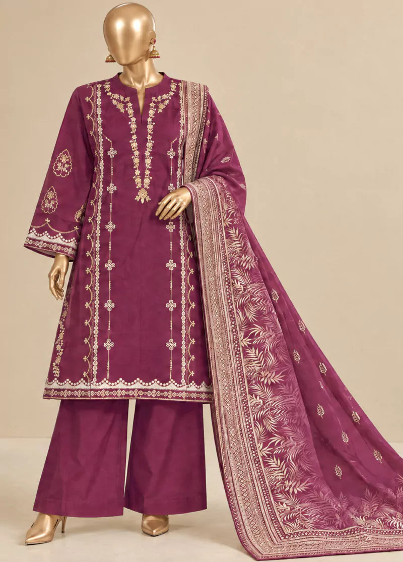 3 Piece Embroidered Stitched Margenta Color Khaddar Shirt with Trouser & Dupatta