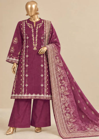 3 Piece Embroidered Stitched Margenta Color Khaddar Shirt with Trouser & Dupatta