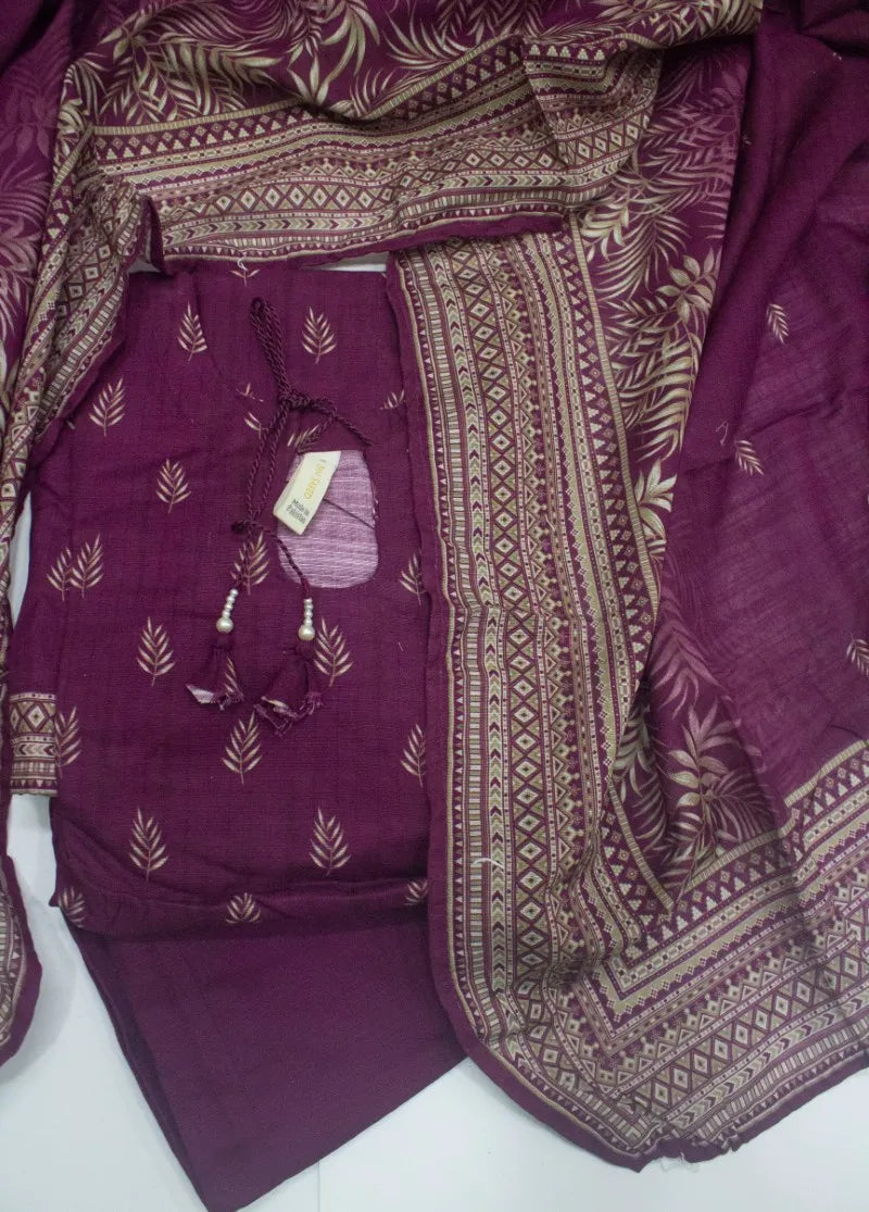 3 Piece Printed Stitched Plum Color Khaddar Shirt with Trouser & Dupatta