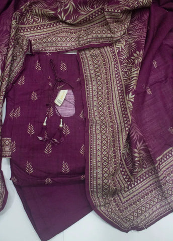 3 Piece Printed Stitched Plum Color Khaddar Shirt with Trouser & Dupatta